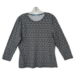 J. McLAUGHLIN Black Geometric Medallion Links Stretchy‎ Pullover Blouse Sz LARGE